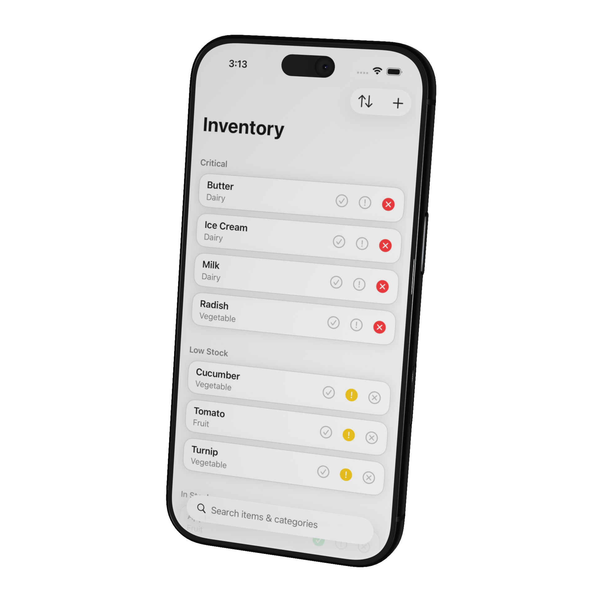 Inventory app showing items grouped by stock level